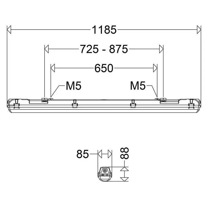 Schuch LED-Feuchtraumlichtleiste LUXANO 2 167 12LG2 VARIO - L x B x H: 118,5 x 8,5 x 8,8 cm, Lichtfarbe: Neutralweiß, 30 W, IP65 - Technische Zeichnung einer rechteckigen Leuchte mit Befestigungsmaßen, M5-Schraubenpunkten und Gesamtlänge von 1185 mm.