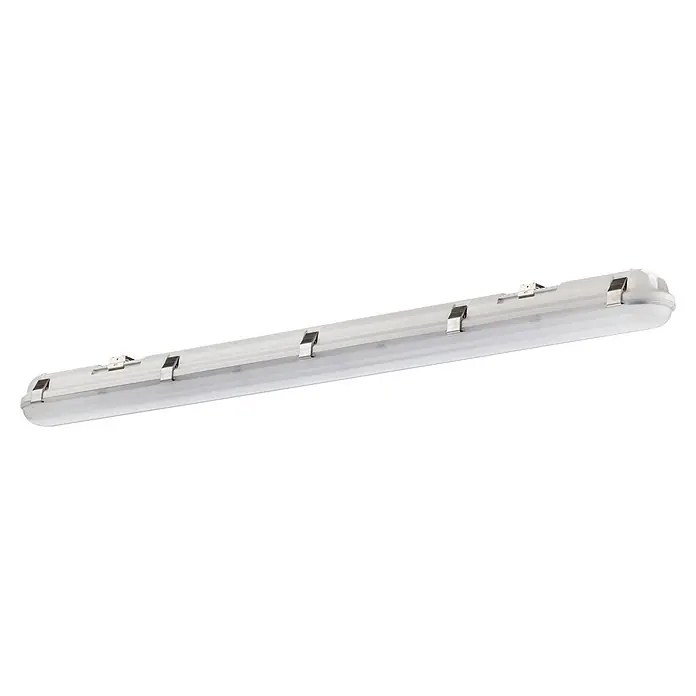 Pracht LED-Feuchtraumlichtleiste LUNA BL LED - L x B x H: 150 x 9 x 8 cm, Lichtfarbe: Neutralweiß, 47 W, IP65 - Weiße, durchscheinende lineare LED-Leuchte mit Metallklammern, geeignet für feuchte oder staubige Umgebungen.