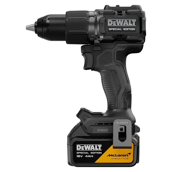 DeWalt Taladro percutor de batería McLaren DCD86MM2T - 18 V, 2 baterías, 4 Ah, 90 Nm - Taladro inalámbrico DeWalt edición especial negro con batería McLaren de 18V 4Ah. Herramienta eléctrica sin escobillas.