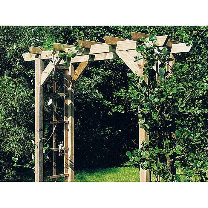 Arkadenpergola Daniela - Durchgangsbreite: 120 cm, Höhe: 218 cm - Ein naturbelassener Holzbogen mit Rankhilfe, ideal als Gartendekoration oder Eingangstor, umrankt von grünen Pflanzen, die ein natürliches Ambiente schaffen.