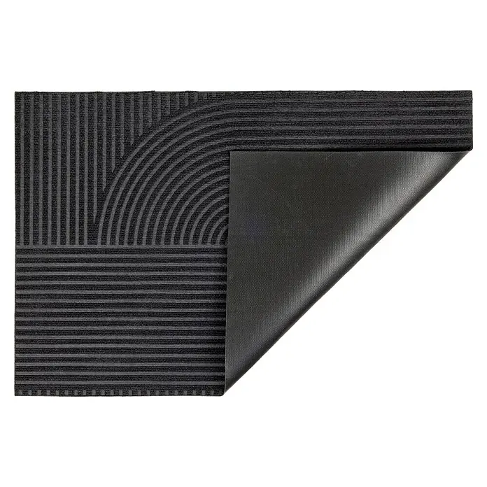 Fußmatte Inside Graphic - 80 x 60 cm, Schwarz, Material Nutzschicht: 100 % Polyester, Semi-Loop - Dunkelgraue Fußmatte mit linearen und gekrümmten Streifen, rutschfeste Rückseite sichtbar.