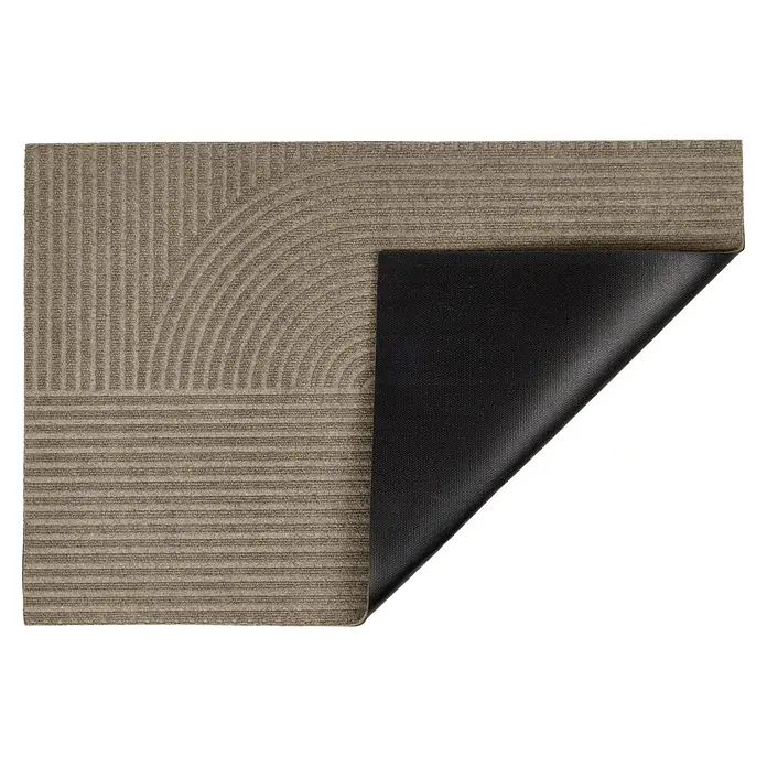 Fußmatte Inside Graphic - 80 x 60 cm, Braun, Material Nutzschicht: 100 % Polyester, Semi-Loop - Strukturierte beige Fußmatte mit Streifen- und Kurvenmustern, Ecke hochgeklappt zeigt schwarze Antirutsch-Unterseite.
