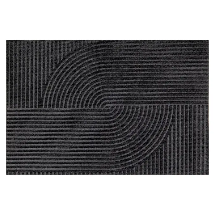 Fußmatte Inside Graphic - 80 x 60 cm, Schwarz, Material Nutzschicht: 100 % Polyester, Semi-Loop - Dunkelgraue Matte mit gerippter Textur und einem geometrischen Muster aus geraden und gekrümmten Streifen.