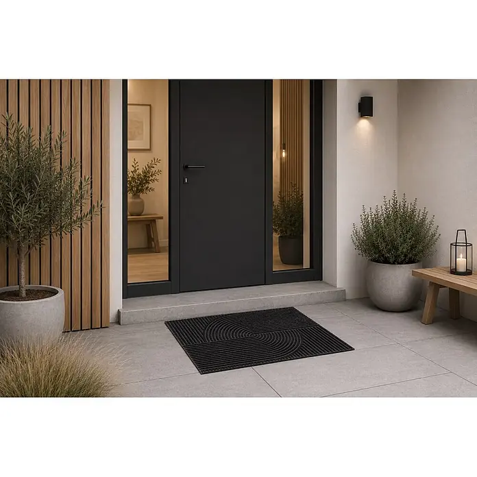 Fußmatte Inside Graphic - 80 x 60 cm, Schwarz, Material Nutzschicht: 100 % Polyester, Semi-Loop - Schwarze Fußmatte mit geometrischem Muster vor einem modernen Hauseingang.