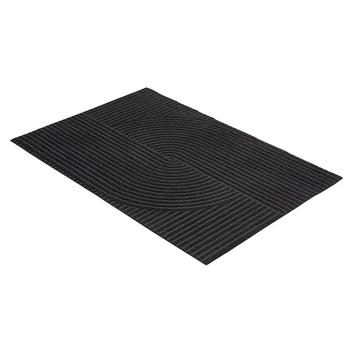 Fußmatte Inside Graphic - 80 x 60 cm, Schwarz, Material Nutzschicht: 100 % Polyester, Semi-Loop - Dunkelgraue rechteckige Fußmatte mit gestreiftem Muster und zentralem Spiraldesign.