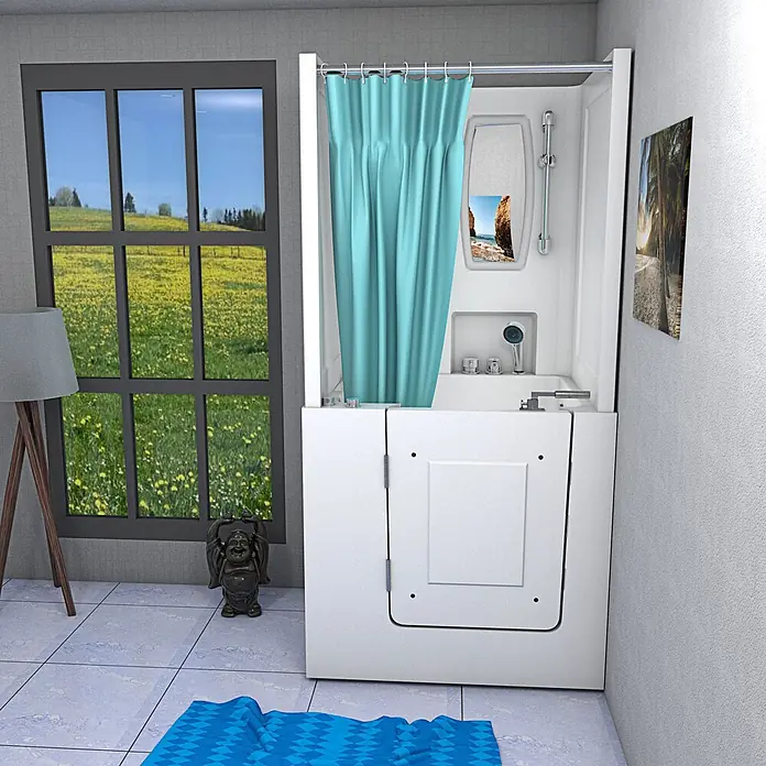 AcquaVapore Badewanne Fertigdusche S02D-WP-C-L - 100 x 78 cm, Acryl, Weiß - Weiße begehbare Badewanne mit türkisfarbenem Duschvorhang in einem hellen Bad, für einfachen Zugang.