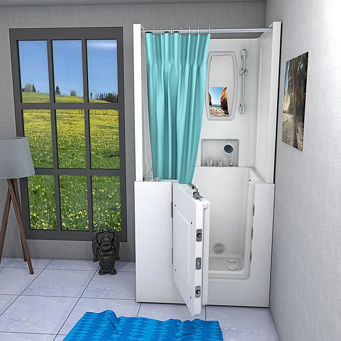 AcquaVapore Badewanne Fertigdusche S02D-WP-C-L - 100 x 78 cm, Acryl, Weiß - Weiße begehbare Badewanne und Duschkombination mit offener Tür und blauem Duschvorhang, in einem modernen Badezimmer.