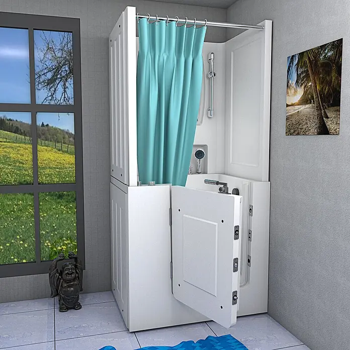AcquaVapore Badewanne Fertigdusche S02D-WP-C-L - 100 x 78 cm, Acryl, Weiß - Weiße barrierefreie Dusch- und Badewannenkombination mit offener Tür und türkisfarbenem Duschvorhang.