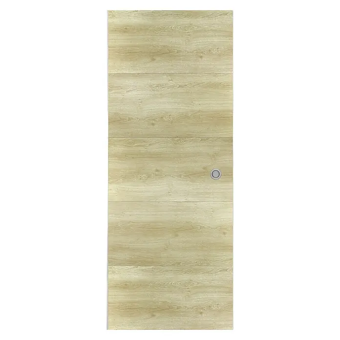 Grosfillex Schiebetür-Komplettset Door in box - Eiche beige, 93,2 x 216,8 cm - Helle Holztür mit horizontaler Maserung und rundem silbernem Griff.