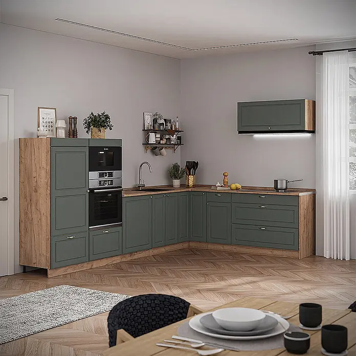 Vicco Eckküche - Grün-Gold Landhaus, Ohne Elektrogeräte - Eckküche mit dunkelgrünen Schränken und hellen Holzapplikationen, mit integrierten Geräten und praktischem Layout.