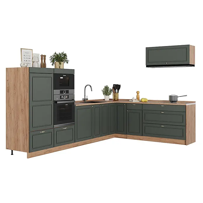 Vicco Eckküche - Grün-Gold Landhaus, Ohne Elektrogeräte - L-förmige Küche mit dunkelgrünen Schränken, hellen Holzmaserungsdetails und integriertem Backofen, Mikrowelle und Spüle.