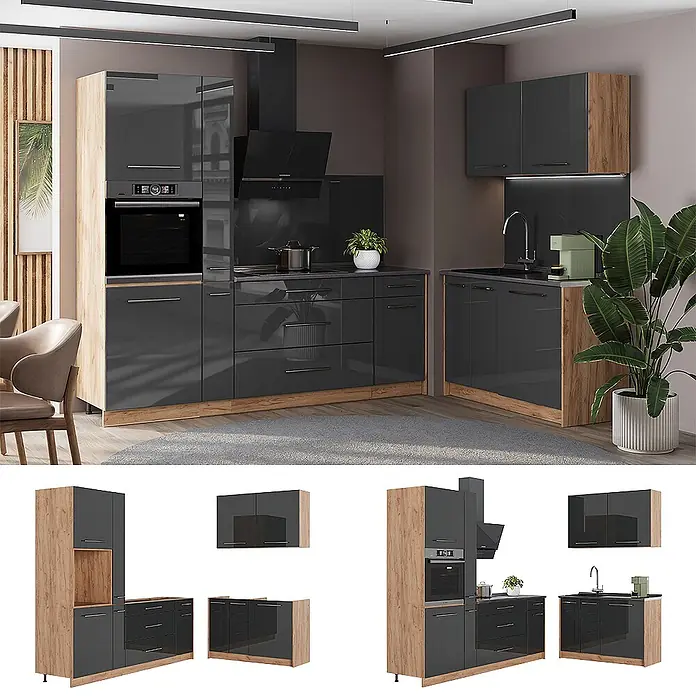 Vicco Eckküche - B x T: 220 x 60 cm, Anthrazit Hochglanz, Ohne Elektrogeräte - Moderne L-förmige Küche mit dunkelgrauen Hochglanzfronten und hellen Holz-Akzenten, mit integriertem Backofen, Kochfeld und Spüle.