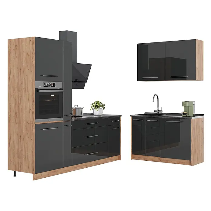 Vicco Eckküche - B x T: 220 x 60 cm, Anthrazit Hochglanz, Ohne Elektrogeräte - Modulare Küche mit dunkelgrauen Hochglanzfronten und heller Holzoptik, inklusive Backofen, Kochfeld, Spüle und Dunstabzugshaube.