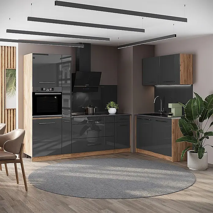 Vicco Eckküche - B x T: 220 x 60 cm, Anthrazit Hochglanz, Ohne Elektrogeräte - Eine moderne L-förmige Küche mit dunkelgrauen Hochglanzfronten und hellen Holzdetails, ausgestattet mit Ofen, Herd, Spüle und Dunstabzugshaube.