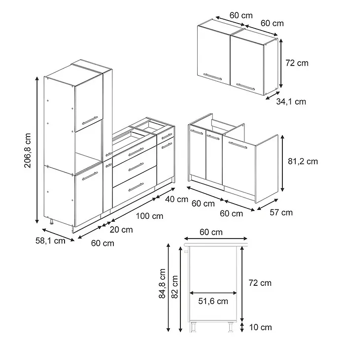 Vicco Eckküche - B x T: 220 x 60 cm, Weiß Landhaus, Ohne Elektrogeräte - Technische Zeichnung modularer Küchenschränke und -elemente mit detaillierten Maßen für verschiedene Höhen, Breiten und Tiefen.