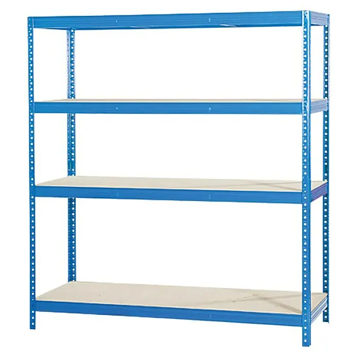 Regalux Schwerlastregal XXL - H x B x T: 185 x 160 x 60 cm, Traglast pro Boden: 350 kg, Anzahl Böden: 4 Stk., Stecken, Blau - Bild eines blauen Metallregals mit vier Ablagen, ideal für Lagerung und Organisation. Das Regal bietet viel Stauraum.