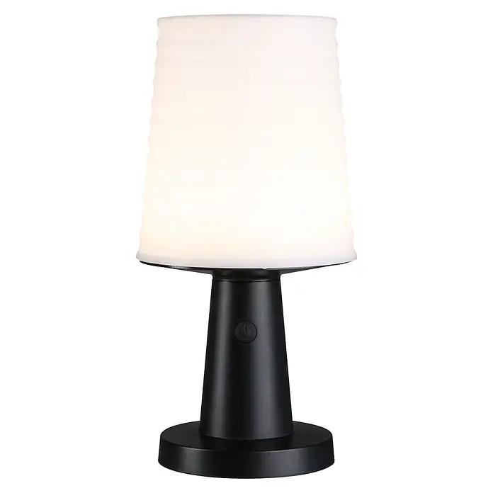 Paulmann Lámpara de sobremesa solar Ilanga - Potencia máx. del sistema: 32 W, Gris/ Blanco - Lámpara portátil negra con pantalla difusora blanca y botón de encendido en la base.