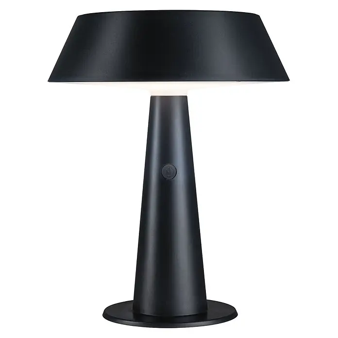 Paulmann Lámpara de sobremesa solar Soala - Potencia máx. del sistema: 32 W, Negro - Lámpara de mesa cónica negra con cuerpo cónico y botón de encendido, luz encendida.