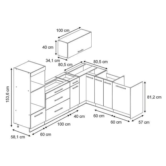 Vicco Eckküche - B x T: 287 x 51,6 cm, Goldkraft Eiche, Ohne Elektrogeräte - Eine L-förmige Küchenschrank-Kombination mit Unter-, Hoch- und Hängeschränken, inklusive Bemaßungen.
