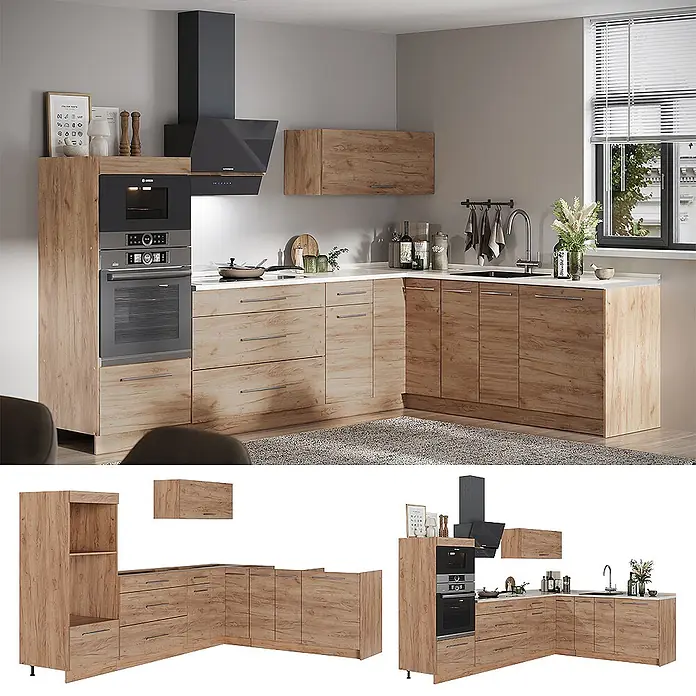 Vicco Eckküche - B x T: 287 x 51,6 cm, Goldkraft Eiche, Ohne Elektrogeräte - L-förmige Küche mit hellen Holzoptikschränken, weißer Arbeitsplatte, integriertem Backofen und Kochfeld in einem modernen Raum.