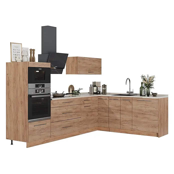 Vicco Eckküche - B x T: 287 x 51,6 cm, Goldkraft Eiche, Ohne Elektrogeräte - Eckküche mit hellen Holzfronten, weißer Arbeitsplatte, integrierten dunklen Geräten: Backofen, Mikrowelle, Kochfeld, Spüle und Dunstabzugshaube.