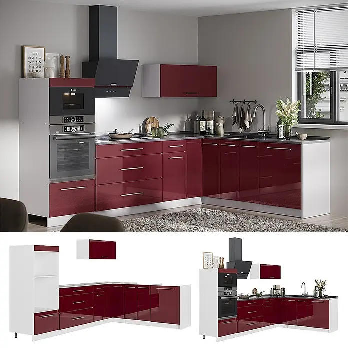 Vicco Eckküche - B x T: 287 x 60 cm, Bordeaux Hochglanz, Ohne Elektrogeräte - Moderne L-förmige Küche mit hochglänzenden roten und weißen Schränken, integrierten Öfen und Spüle.