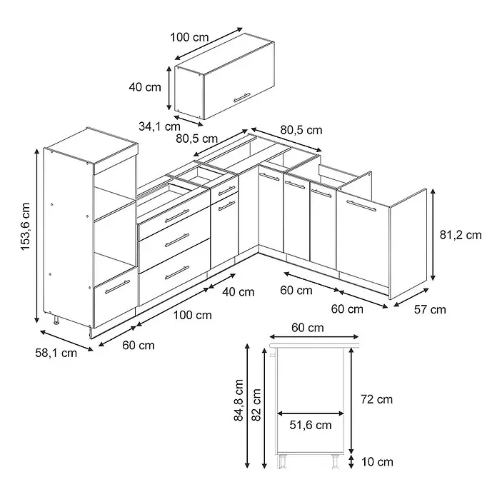 Vicco Eckküche - B x T: 287 x 60 cm, Anthrazit-Gold Landhaus, Ohne Elektrogeräte - Maßzeichnung einer L-förmigen Küchenschrankanordnung, die Höhen, Breiten und Tiefen verschiedener Unter- und Oberschränke detailliert.