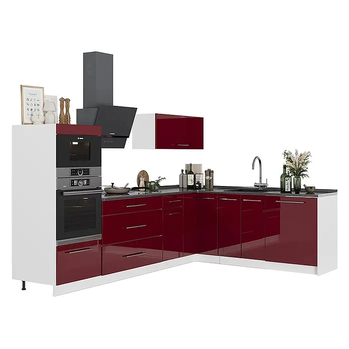 Vicco Eckküche - B x T: 287 x 60 cm, Bordeaux Hochglanz, Ohne Elektrogeräte - Moderne L-förmige Küche mit weißen und hochglanz-dunkelroten Schränken, integrierten Geräten und Spüle.