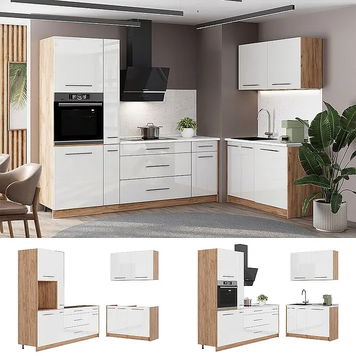 Vicco Eckküche - Weiß Hochglanz, Ohne Elektrogeräte - Moderne Küche mit weißen Hochglanzschränken und hellen Holzdetails, inkl. Ofen, Kochfeld und Spüle.