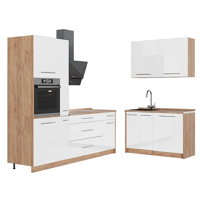 Vicco Eckküche - Weiß Hochglanz, Ohne Elektrogeräte - Hochglanz-Küchenset in Weiß mit Holzdekor, integriertem Backofen, Spüle und Dunstabzugshaube.