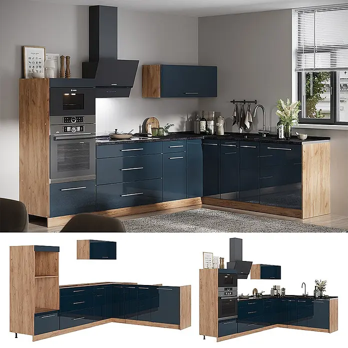 Vicco Eckküche - B x T: 287 x 60 cm, Dunkelblau Hochglanz, Ohne Elektrogeräte