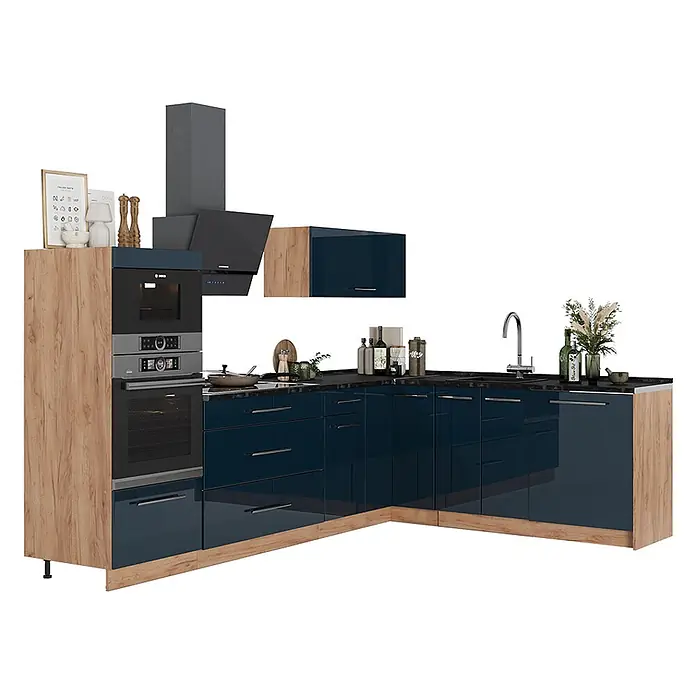 Vicco Eckküche - B x T: 287 x 60 cm, Dunkelblau Hochglanz, Ohne Elektrogeräte - Moderne L-Küche mit dunkelblauen Hochglanzschränken, hellen Holzpaneelen, schwarzer Arbeitsplatte, integriertem Ofen, Mikrowelle und Dunstabzugshaube.