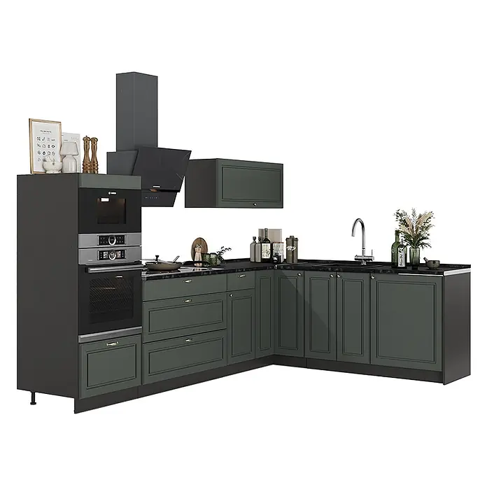 Vicco Eckküche - B x T: 287 x 60 cm, Grün-Gold Landhaus, Ohne Elektrogeräte - Dunkelgrüne L-förmige Küche mit integriertem Backofen, Kochfeld, Spüle und schwarzer Arbeitsplatte, klassischen Paneeltüren.
