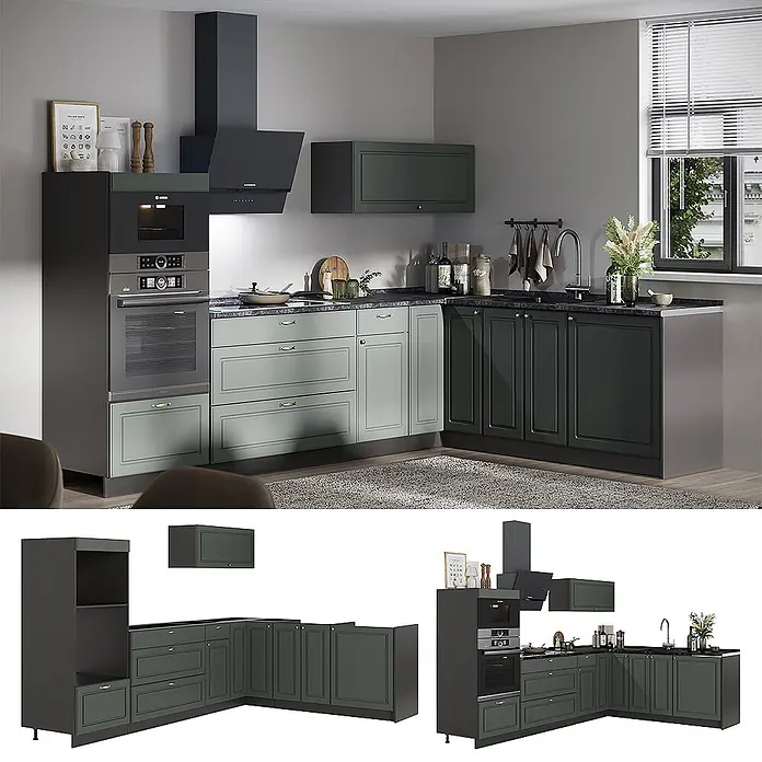 Vicco Eckküche - B x T: 287 x 60 cm, Grün-Gold Landhaus, Ohne Elektrogeräte - L-förmige Küche mit anthrazitfarbenen und salbeigrünen Schränken, integriertem Backofen und Mikrowelle.