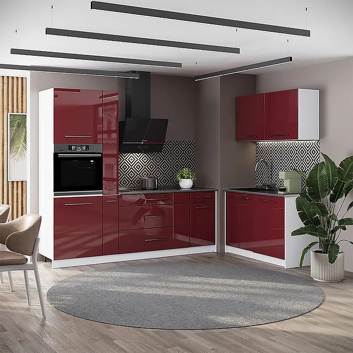 Vicco Eckküche - B x T: 220 x 60 cm, Bordeaux Hochglanz, Ohne Elektrogeräte - Moderne L-förmige Küche mit glänzend bordeauxroten Schränken, integriertem Ofen und schwarzen Arbeitsplatten, für zeitgenössisches Wohnen.