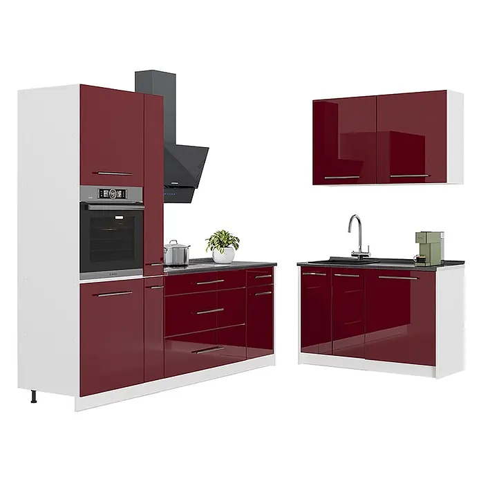 Vicco Eckküche - B x T: 220 x 60 cm, Bordeaux Hochglanz, Ohne Elektrogeräte - Moderne Küche mit hochglänzenden roten Fronten und weißem Korpus, inklusive Einbaubackofen, Spüleneinheit und Oberschränken.