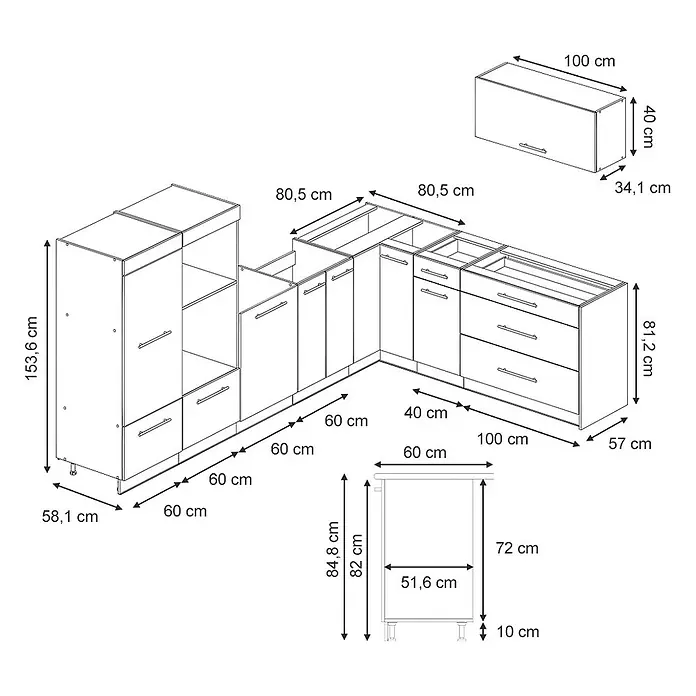 Vicco Eckküche - B x T: 327 x 60 cm, Weiß Landhaus, Ohne Elektrogeräte - Schemazeichnung einer modularen Küchenschrankgarnitur mit detaillierten Maßen der einzelnen Einheiten.
