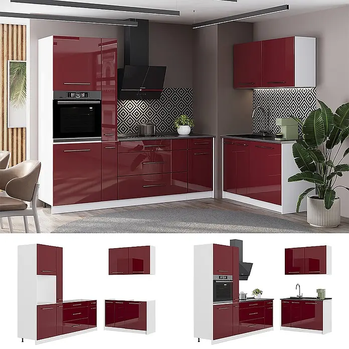 Vicco Eckküche - B x T: 220 x 60 cm, Bordeaux Hochglanz, Ohne Elektrogeräte - Moderne modulare Küche: hochglänzende rote Schränke, weiße Rahmen, integrierter Ofen, Kochfeld, Spüle, Abzugshaube.