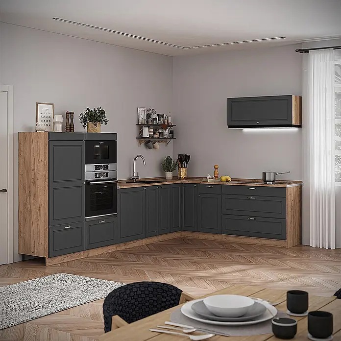 Vicco Eckküche - B x T: 327 x 60 cm, Anthrazit-Gold Landhaus, Ohne Elektrogeräte - Eine L-förmige moderne Küche mit dunkelgrauen Schränken, Arbeitsplatten in Holzoptik und integrierten Geräten.