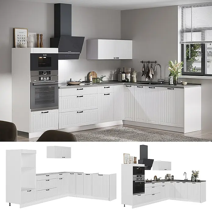 Vicco Eckküche - B x T: 287 x 51,6 cm, Weiß Landhaus, Ohne Elektrogeräte - L-förmige weiße Küche mit schwarzen Griffen, dunkler Arbeitsplatte, integriertem Ofen/Mikrowellen-Turm und schwarzer Dunstabzugshaube.