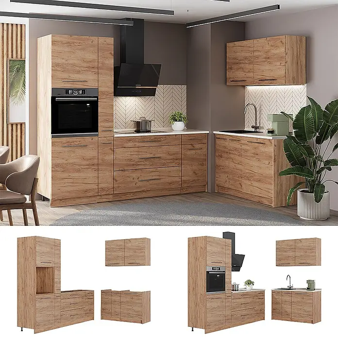 Vicco Eckküche - B x T: 220 x 60 cm, Goldkraft Eiche, Ohne Elektrogeräte - Moderne Modulküche in heller Holzoptik mit integrierten Geräten, Spüle und Stauräumen, als Set und Einzelmodule gezeigt.