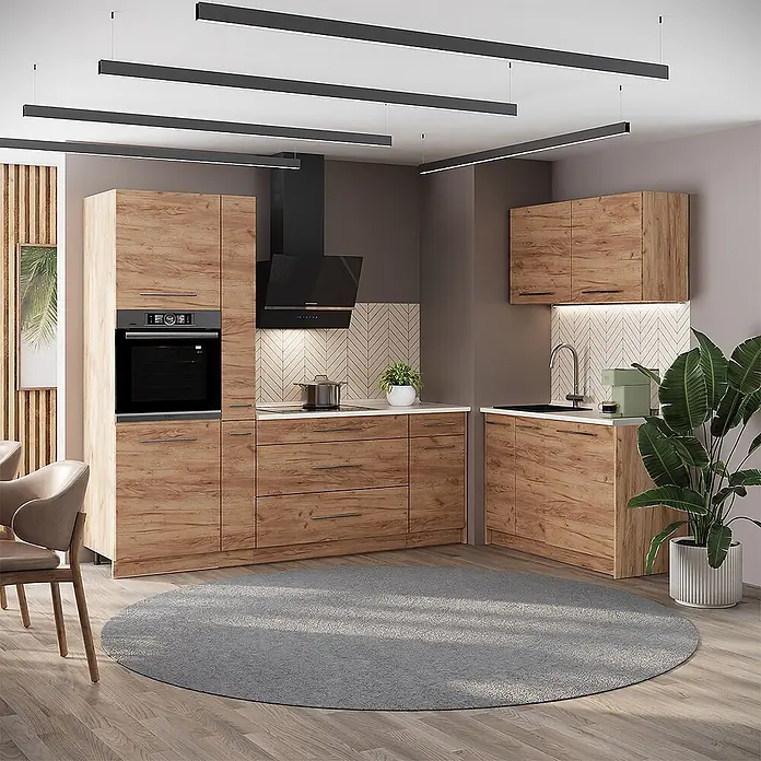 Vicco Eckküche - B x T: 220 x 60 cm, Goldkraft Eiche, Ohne Elektrogeräte - Moderne Küche mit hellen Holzmaserungsschränken, dunklen Geräten und einem grauen runden Teppich.