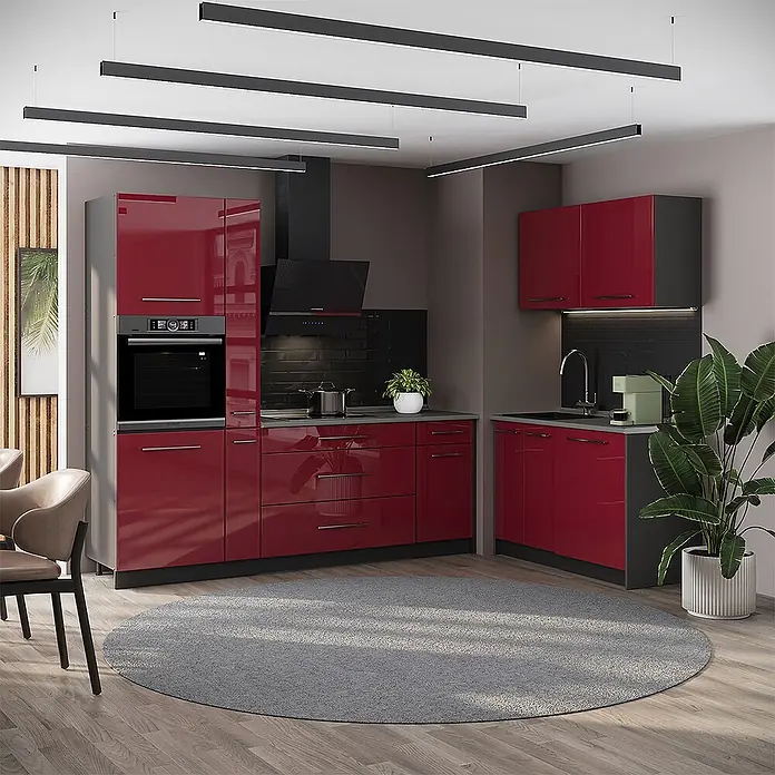 Vicco Eckküche - Bordeaux Hochglanz, Ohne Elektrogeräte - Moderne Küche mit glänzenden roten Schränken, dunklen Arbeitsplatten und integrierten Geräten in einem geräumigen Zimmer.