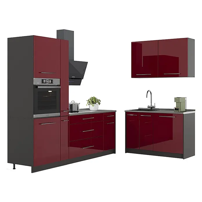 Vicco Eckküche - Bordeaux Hochglanz, Ohne Elektrogeräte - Moderne Küche in Dunkelrot und Grau mit Backofen, Kochfeld, Spüle und verschiedenen Schränken.