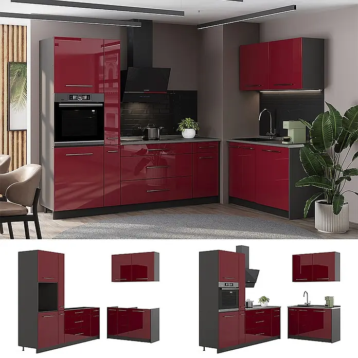 Vicco Eckküche - Bordeaux Hochglanz, Ohne Elektrogeräte - Moderne L-förmige modulare Küche mit glänzenden weinroten Fronten und dunkelgrauen Rahmen, mit Ofen, Kochfeld und Spüle.