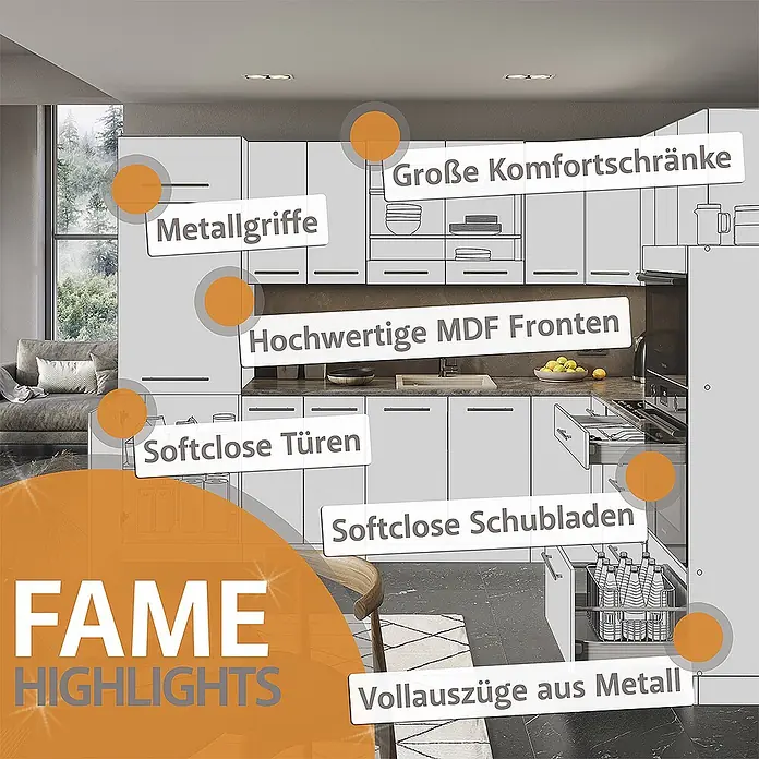 Vicco Küchenzeile - Breite: 280 cm, Weiß Hochglanz, Ohne Elektrogeräte - Moderne Küche mit hellgrauen MDF-Fronten, Metallgriffen, Softclose-Türen und Schubladen mit Vollauszügen.