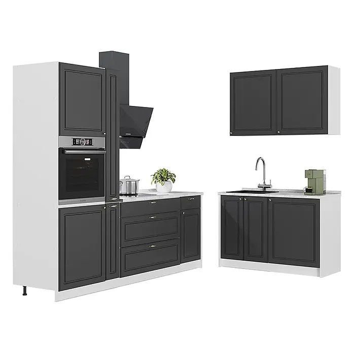 Vicco Eckküche - B x T: 220 x 51,6 cm, Anthrazit-Gold Landhaus, Ohne Elektrogeräte - Modulare Küchenschrank-Garnitur mit dunkelgrauen Türen, weißen Rahmen, integriertem Backofen, Spüle und Dunstabzugshaube.