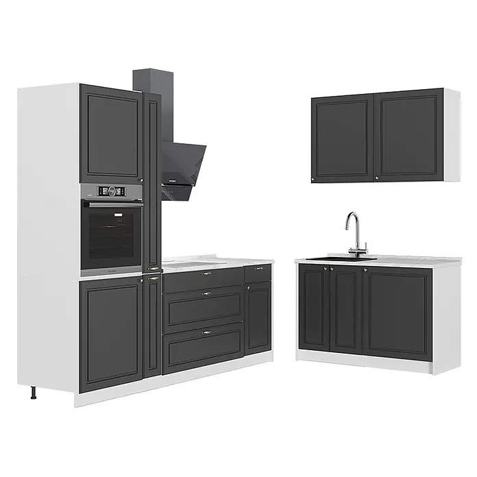 Vicco Eckküche - B x T: 220 x 51,6 cm, Anthrazit-Gold Landhaus, Ohne Elektrogeräte - Modulare dunkelgrau-weiße Küchenzeile mit Backofen, Kochfeld, Dunstabzugshaube und Spüle.