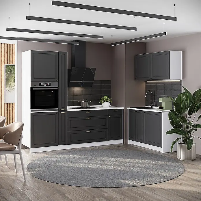 Vicco Eckküche - B x T: 220 x 51,6 cm, Anthrazit-Gold Landhaus, Ohne Elektrogeräte - Moderne dunkelgraue Küchenschränke mit weißen Arbeitsplatten, inklusive Backofen, Kochfeld, Spüle und Dunstabzugshaube in L-Form.