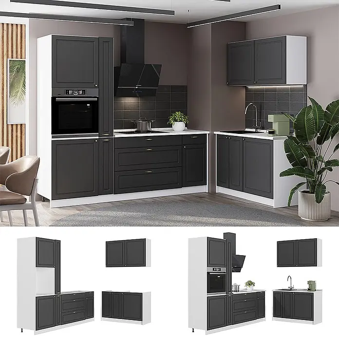 Vicco Eckküche - B x T: 220 x 51,6 cm, Anthrazit-Gold Landhaus, Ohne Elektrogeräte - Moderne dunkelgraue Küchenzeile mit weißen Elementen, integriertem Backofen. Modular für eine funktionale Küche.